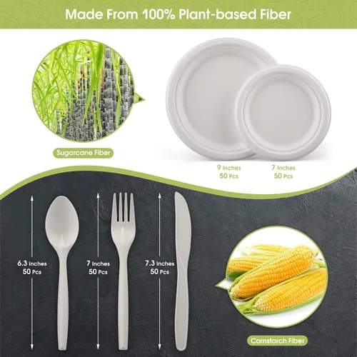 Vista 2 de Fuyit 250 platos de papel compostables con juego de cubiertos, utensilios desechables biodegradables largos ecológicos incluye platos, tenedor