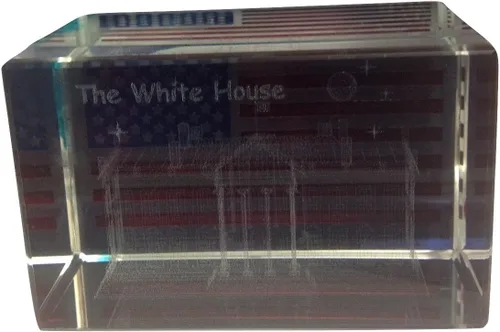 Vista 2 de White House 3D - Pisapapeles de cristal grabado con láser con bandera de Estados Unidos, recuerdos de Washington DC