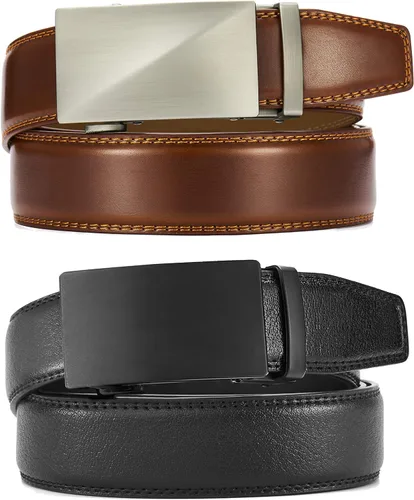Vista 3 de CHAOREN Cinturones de trinquete para hombre, paquete de 2 Cinturón de cuero para hombre de 1 38 pulgadas en caja de regalo, satisface casi