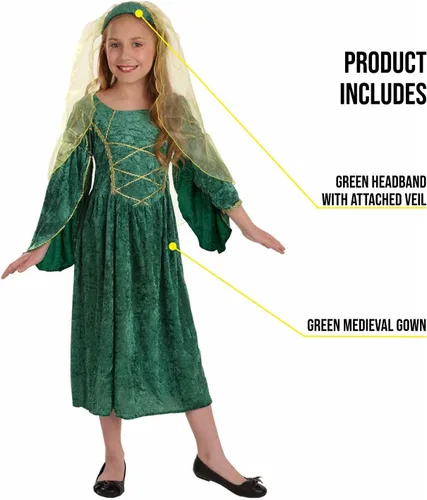 Vista 3 de fun shack Disfraz renacentista verde para niñas, disfraz de princesa medieval para niños, disfraz histórico para niñas
