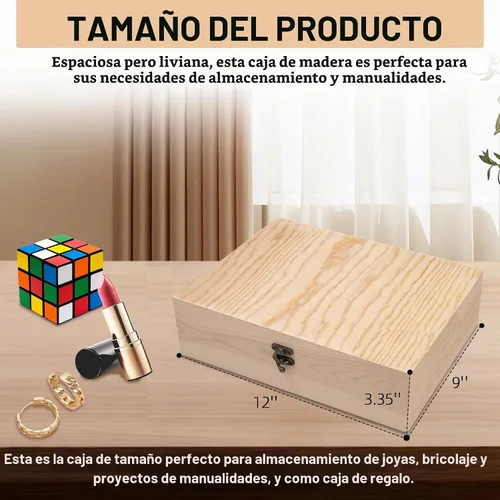 Vista 2 de Caja de madera sin terminar con tapa con bisagras para manualidades DIY almacenamiento de joyas caja de pino - 12" x 9" x 3.35
