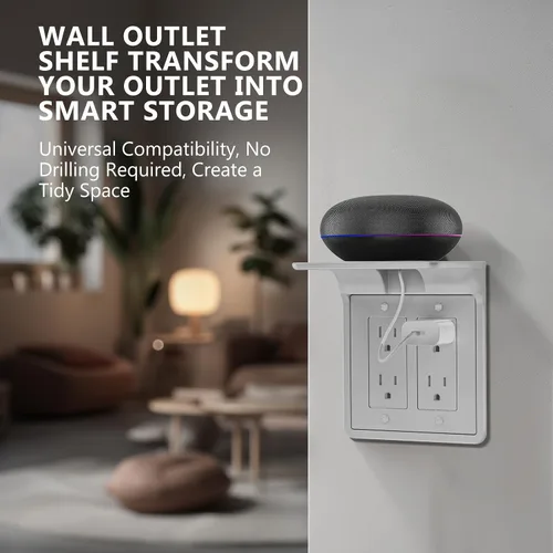 Vista 3 de WALI Repisa de doble enchufe de pared – Estante de baño dúplex para cepillo de dientes eléctrico, HomePod Mini, Echo Dot y carga de teléfono – blanco