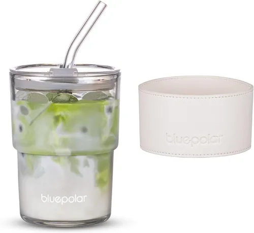 Vista 12 de BLUEPOLAR Vaso de Agua de Vidrio de 13oz/400ml con Pajita y Tapa Sellada para Llevar Pared Gruesa Taza de Café Helado Vaso de Vidrio para Agua, Té