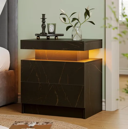 Vista 10 de Mesita de noche LED negra moderna con 2 cajones para mesa auxiliar de dormitorio