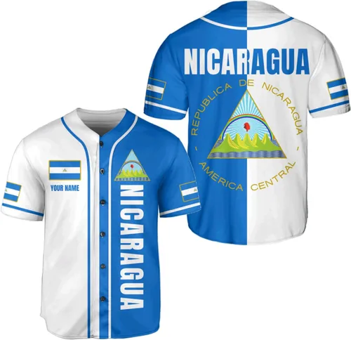 Vista 15 de Camiseta de béisbol de Nicaragua personalizada, camiseta de béisbol de Nicaragua personalizada para hombres y mujeres, camisas nicaragüenses