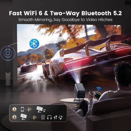 Vista 14 de Soporte 4K, enfoque automático, soporte ajustable de 360°: mini proyector inteligente con WiFi 6 y Bluetooth5.2, proyector portátil nativo 1080P Gris