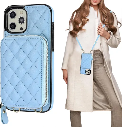 Vista 17 de Bocasal Funda tipo cartera cruzada para iPhone 12 Pro Max, con bloqueo RFID, de piel sintética, con cremallera, funda tipo cartera con función atril