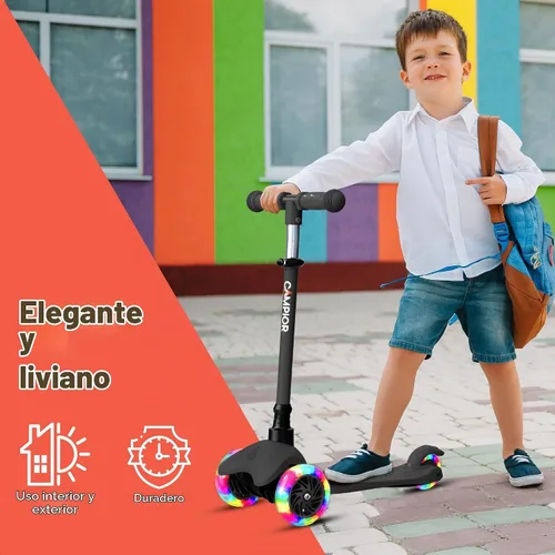 Vista 9 de Mini scooter negro de 3 ruedas para niños, inclinado para dirigir con ruedas con luces LED, manubrio ajustable, cubierta antideslizante ancha