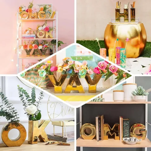 Vista 5 de Efavormart.com Maceta de cerámica chapada en oro brillante de 6" con escultura de letra B, florero para plantas de brotes, pieza central de mesa