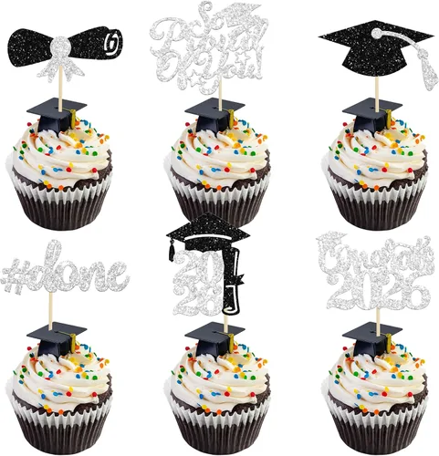 Vista 21 de Gyufise 24 piezas Adornos para pastel de graduación 2026 con purpurina negra, clase de 2026, adornos para magdalenas con gorra de graduación