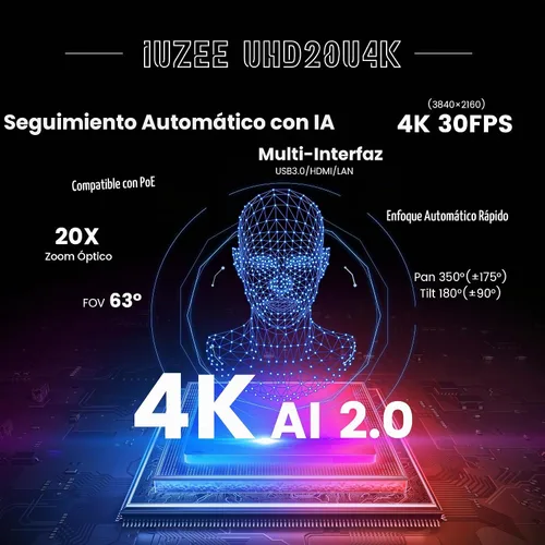 Vista 2 de Cámara PTZ 4K UHD con seguimiento automático AI, zoom óptico 20X, USB3.0/HDMI/LAN PoE, transmisión en vivo IP, cámara de sala de conferencias PTZ