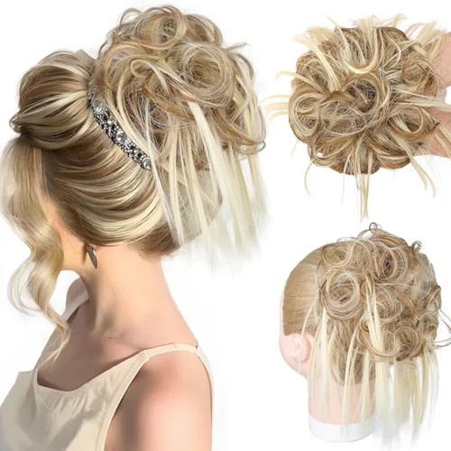 Vista 48 de HMD - Extensiones de cabello tipo chongo alborotado con rodelo despeinado, banda elástica de goma, extensiones de cabello sintético para mujer