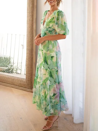 Vista 3 de Sissyaki Vestido largo escalonado con cuello cuadrado para mujer, manga corta, cintura alta, vestido midi fruncido