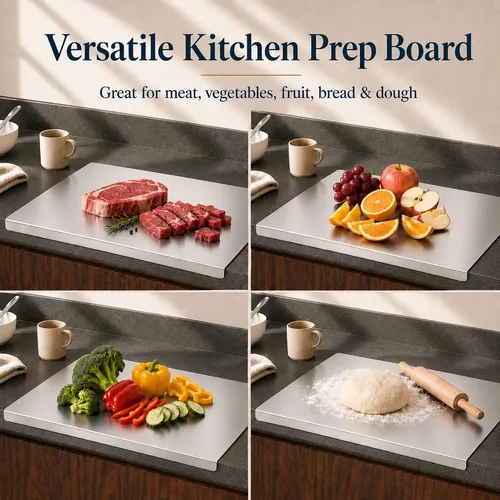 Vista 5 de Tabla de cortar de acero inoxidable con labio, tabla de cortar de metal en forma de L para cocina, tabla de cortar grande para carne, frutas