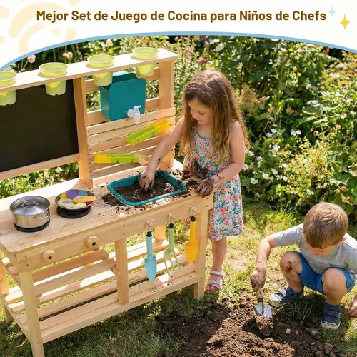 Vista 2 de Cocina de barro para niños al aire libre, juego de cocina de madera para niños pequeños con fregadero, utensilios de cocina, estufa, pizarra, grifo