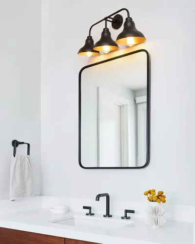Vista 6 de Lámparas de tocador de baño de granja de 25 pulgadas, lámparas de baño de 3 luces sobre espejo, apliques rústicos de pared con pantalla de metal