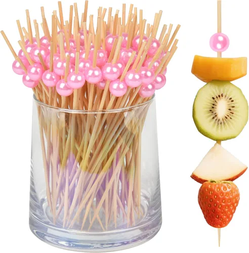 Vista 10 de 100 palillos de dientes elegantes para aperitivos, palillos de cóctel de perlas doradas de 4.7 pulgadas para bebidas, brochetas de bambú