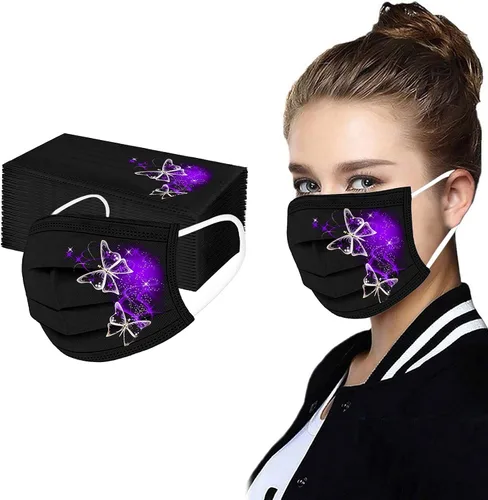 Vista 2 de Paquete de 50 mascarillas desechables de mariposa para mujer, para adultos, cuidado de la piel, grueso, 3 capas, pasamontañas, diseñador