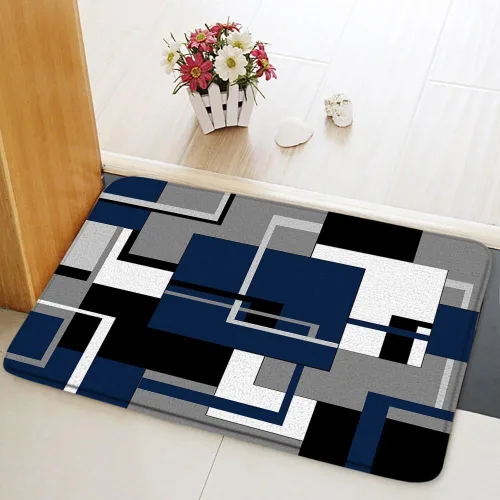Vista 2 de Alfombra de baño geométrica azul negro, blanco y gris, abstracta minimalista de líneas geométricas de mediados de siglo, alfombra de baño, alfombra