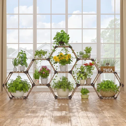 Vista 7 de Tikea Soporte para Plantas de Interior y Exterior Soporte Hexagonal de Esquina para Plantas Suculentas Plantas Pequeñas Estante de Madera