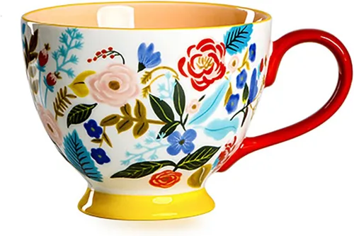 Vista 4 de CHOOLD Elegante taza de café grande de cerámica pintada a mano con patrón floral para té y leche, taza de cereales para cocina, cena, 15 onzas