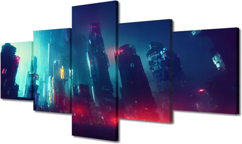 Vista 21 de Cuadros de 5 paneles de Cyberpunk City, arte de pared, representación de vallas publicitarias, edificios modernos en la capital con obras de arte