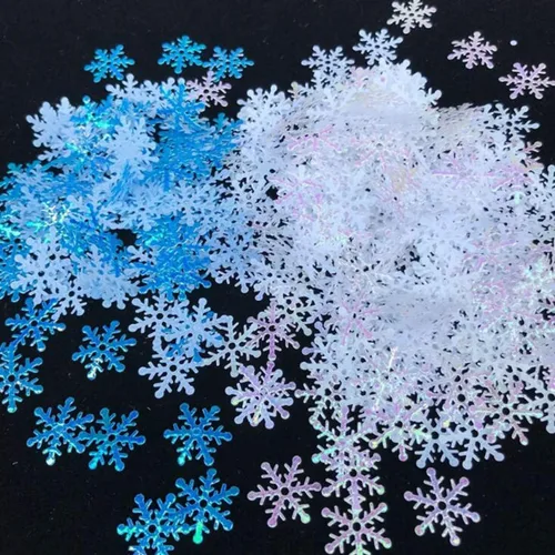Vista 12 de Decoraciones de confeti de copo de nieve de Navidad, 1200 unidades, confeti morado, azul, plateado, paquete de fiesta de nieve para Navidad