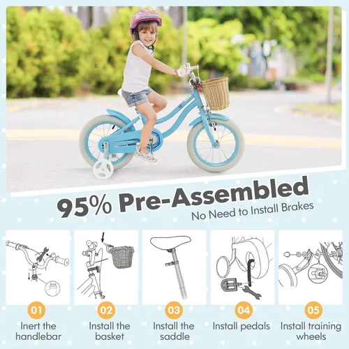 Vista 3 de COSTWAY Bicicleta para niños de 14, 16, 18 pulgadas, con ruedas de entrenamiento, canasta, asiento y manubrio ajustables, frenos de mano