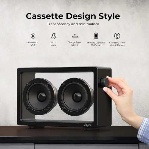 Vista 4 de JAYINE Altavoz Bluetooth portátil de casete, altavoces minimalistas de 16 W, Bluetooth inalámbrico potente, sonido potente HD y amplia Negro