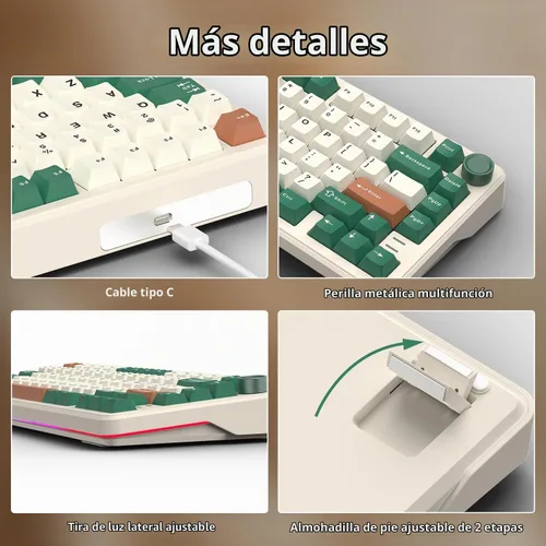 Vista 5 de 75% Teclado mecánico retro verde con cable intercambiable en caliente con perilla de metal Junta de montaje RGB retroiluminado programable y luz