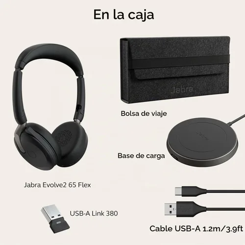 Vista 10 de Jabra Evolve2 65 Flex - Auriculares estéreo con Bluetooth, almohadilla de carga inalámbrica, tecnología ClearVoice con cancelación de ruido y Negro