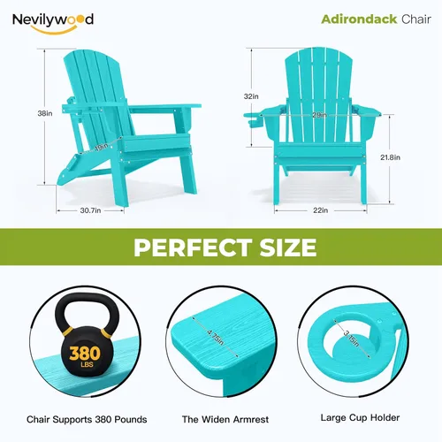 Vista 2 de nevilywood Silla Adirondack plegable – Respaldo ergonómico extendido, portavasos – Fácil montaje – Plástico HDPE duradero, resistente a