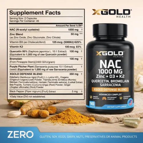 Vista 4 de XGold Health NAC 1000 mg con quercetina 95%, bromelina, zinc, vitamina C, apoyo inmunológico D3 y K2 y suplemento antioxidante Mezcla de defensa