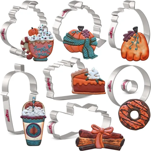 Vista 8 de LILIAO Juego de cortadores de galletas de otoño, 8 piezas, calabaza, taza de café con leche, taza de café, rebanada de pastel, donas y canela, acero