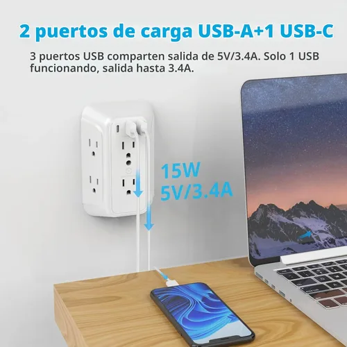 Vista 3 de Cargador de pared, protector de sobretensiones, extensor de 6 tomas de corriente con 3 puertos de carga USB (1 USB C, 3.4 A), regleta