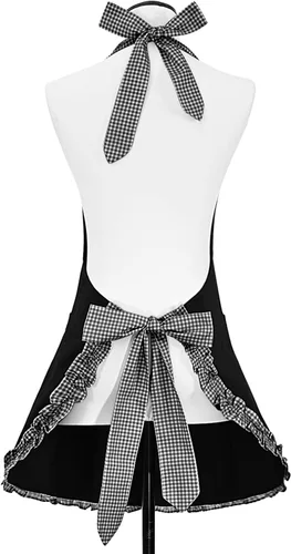 Vista 4 de Violet Mist Lindos delantales negros para mujeres con bolsillos, delantales vintage retro elegantes para niñas con lazo, vestido sexy de los años