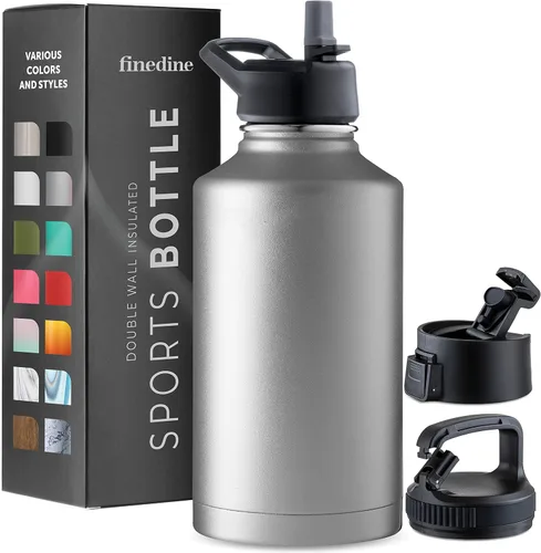 Vista 44 de FineDine Botellas de agua aisladas de triple pared con popote, botella de metal de acero inoxidable de 25 onzas con 3 tapas a prueba de fugas