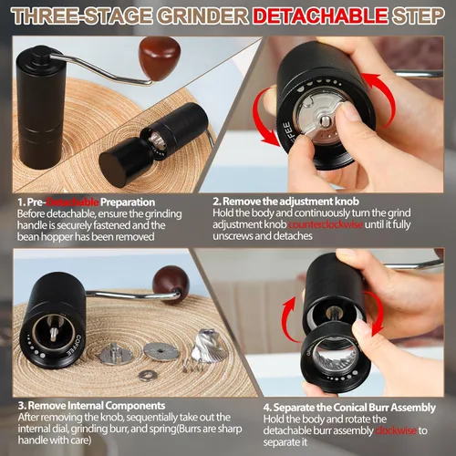 Vista 8 de Molinillo de café manual desmontable con rebabas cónicas de acero inoxidable de 25 niveles, molinillo portátil de grano de café de aluminio