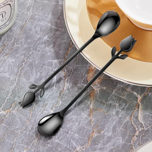 Vista 7 de Juego de 12 mini cucharas de café con mango de tulipán negro/rosa, acero inoxidable de 6 pulgadas para expreso, té, postre, ideal para demitasse