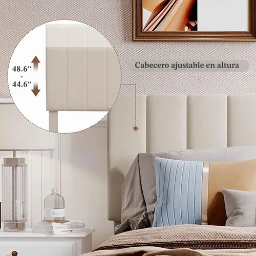 Vista 6 de Harper & Bright Designs Cama de plataforma tapizada tamaño Queen con cabecero con respaldo de alas y soporte de listones de madera, color beige