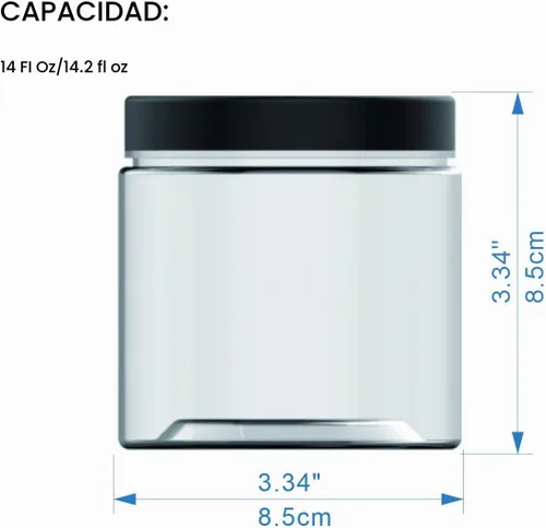 Vista 3 de Tarros de plástico vacíos de boca ancha transparentes de 14 onzas (14.2 fl oz, 12 unidades) con tapas y etiquetas negras mate, recipientes redondos