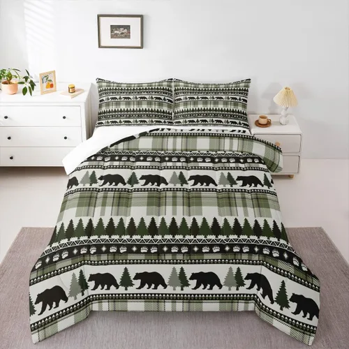 Vista 5 de Juego de edredón con siluetas de oso para niños, tamaño individual, decoración de Navidad para niños y niñas, adultos, edredón de plumón de pinos