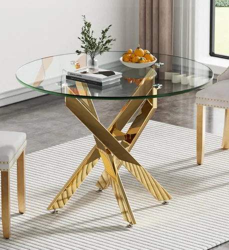 Vista 19 de Mesa de comedor redonda de 35.4 pulgadas para 4, moderna mesa de cocina de vidrio transparente para 4 personas con patas de metal dorado, mesas