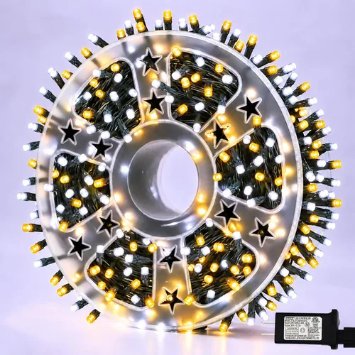 Vista 4 de 1000 luces LED de Navidad azules y blancas de 328 pies, impermeables, 8 modos de luces de Navidad con cable verde en interiores, luces de árbol Azul