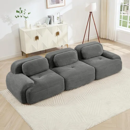 Vista 22 de Sofá moderno comprimido sin armazón de 116", sofás seccionales de 3 plazas para sala de estar, sofá seccional modular de pana verde nube, espuma