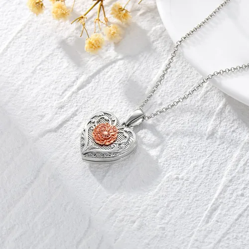 Vista 3 de SOULMEET Collar con medallón de girasol, rosa y margarita, con forma de corazón que sostiene fotos y mantiene a alguien cerca de ti, plata