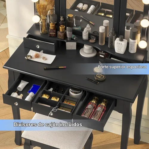 Vista 2 de Tiptiper Tocador de maquillaje con espejo y taburete triple iluminado