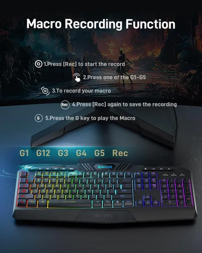 Vista 4 de Redragon Teclado y mouse programables para juegos S101 actualizados, teclado retroiluminado RGB con software, teclas de grabación macro