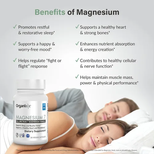 Vista 4 de Suplemento de magnesio Organixx, cápsulas naturales de magnesio para apoyo del sueño, recuperación muscular, con vitamina B6 y citrato y glicinato