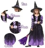 Vista 8 de Witch Costume Girls Halloween Witch Dress Costumes Kids Deluxe Witch Hat Broomstick Halloween Candy Bags Fancy Dress Up Party